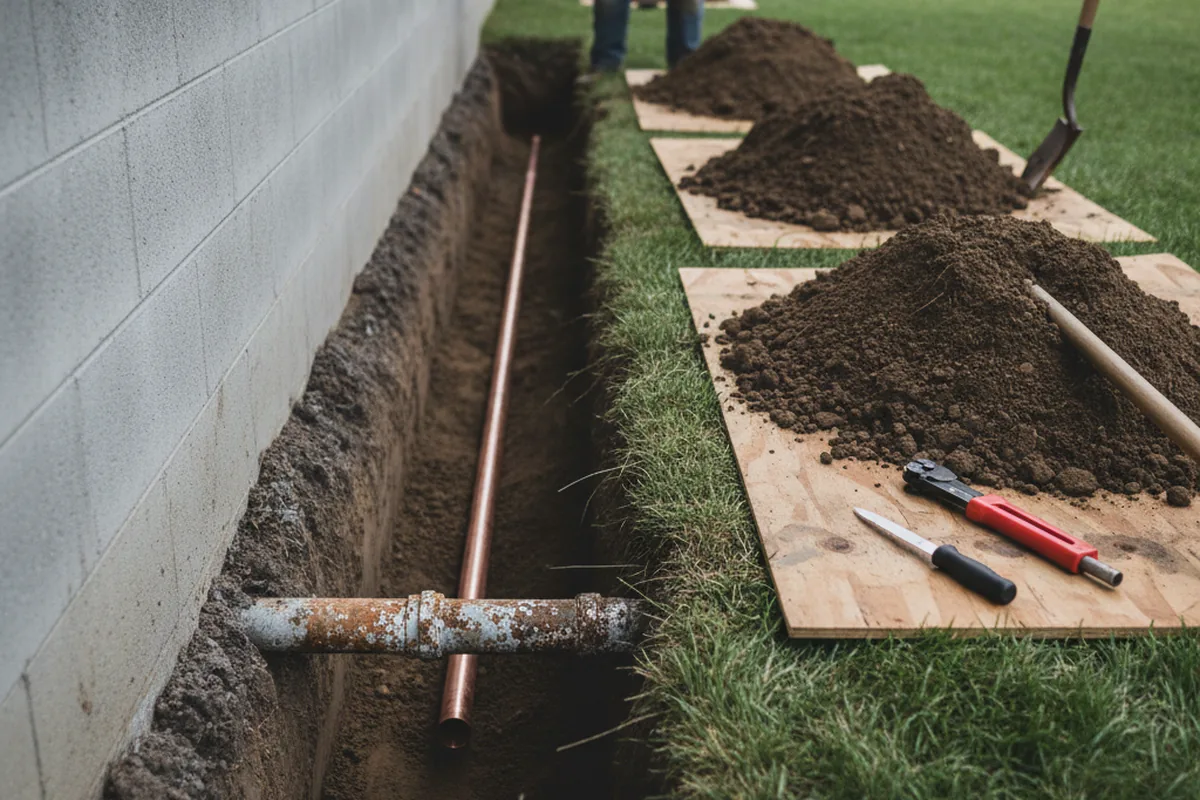 Excavated water line trench during Water Softener Installation in Pikesville